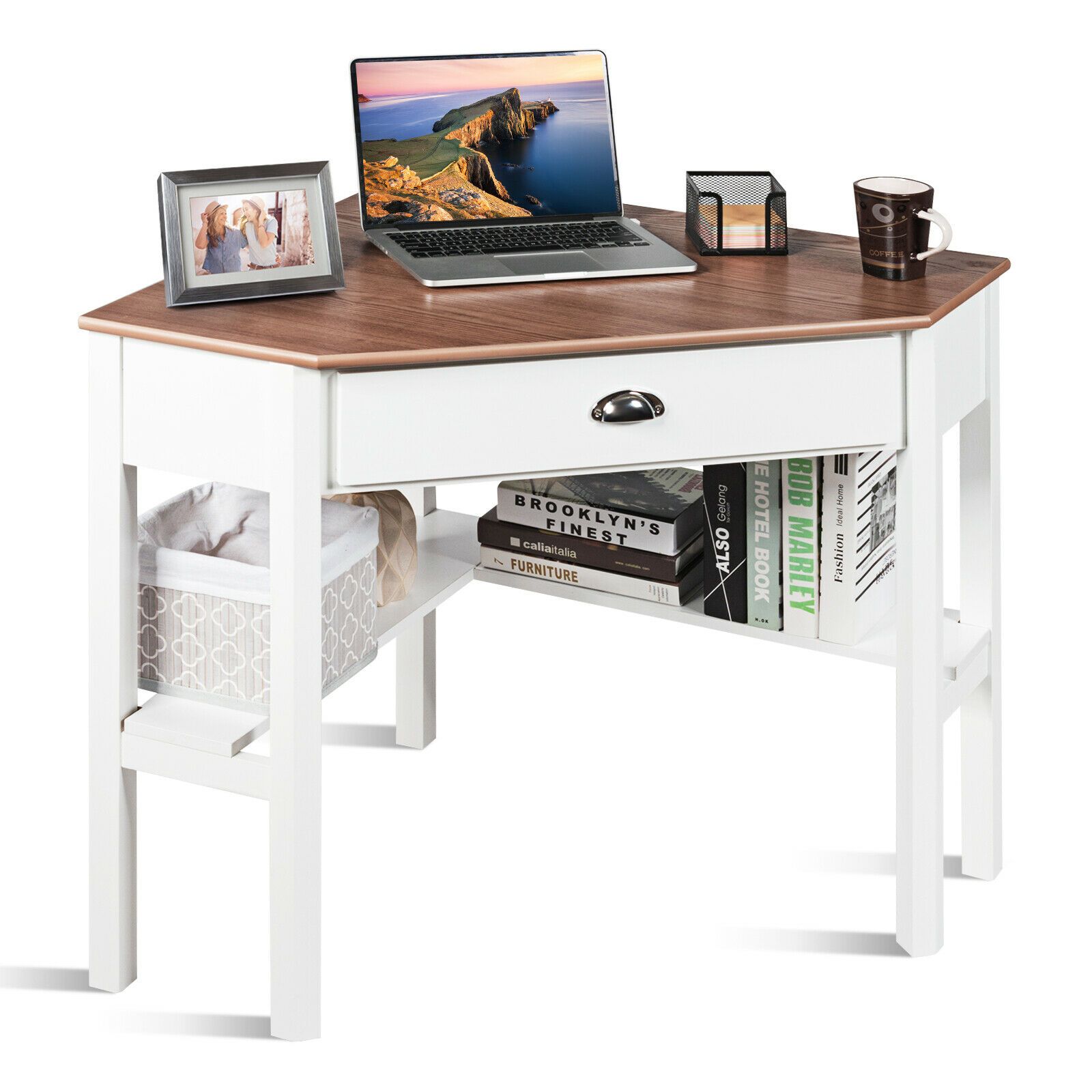Corner Table Computer Desk with Drawer and Shelves